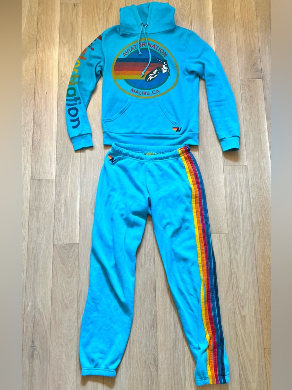 Aviator Nation Sweatpants Sweatshirt Set Turquoise 5 Stripe Malibu